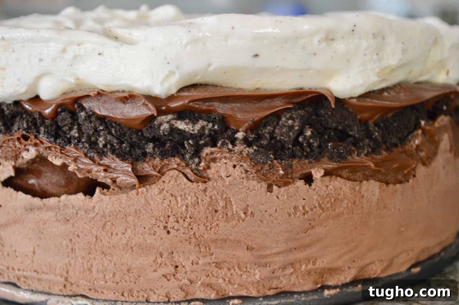 Easy Ice Cream Cake without frosting showing chocolate, fudge, oreos, and vanilla layers