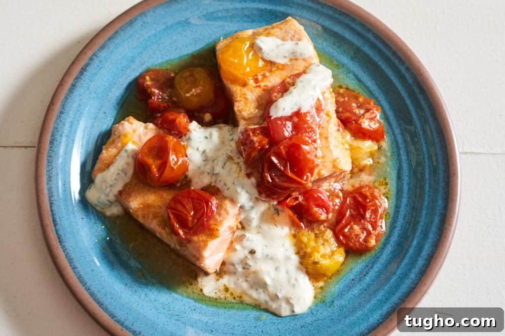 Oven baked salmon with roasted tomatoes and basil yogurt sauce on a blue plate.