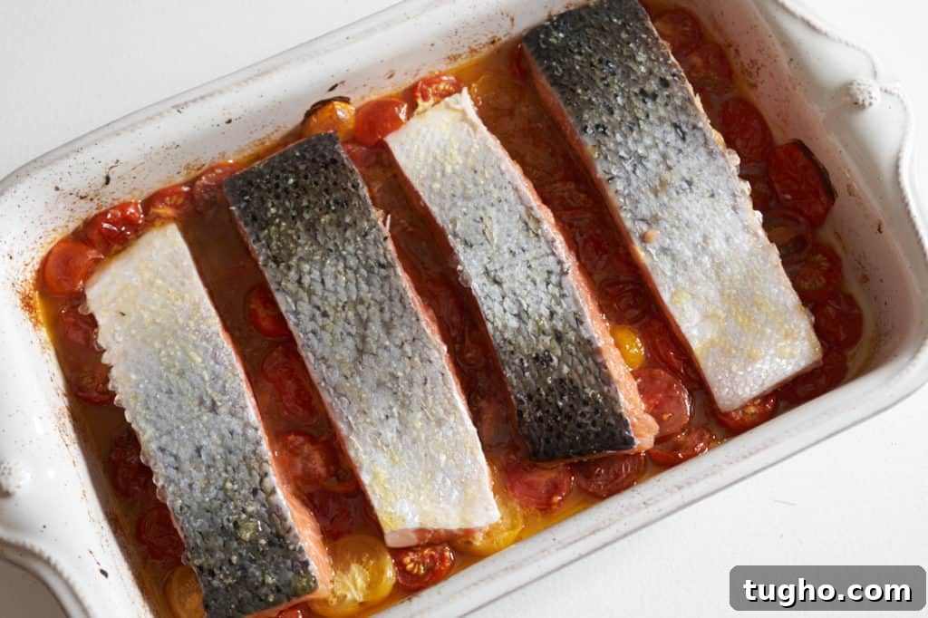 Raw salmon filets on top of roasted tomatoes in a casserole dish.