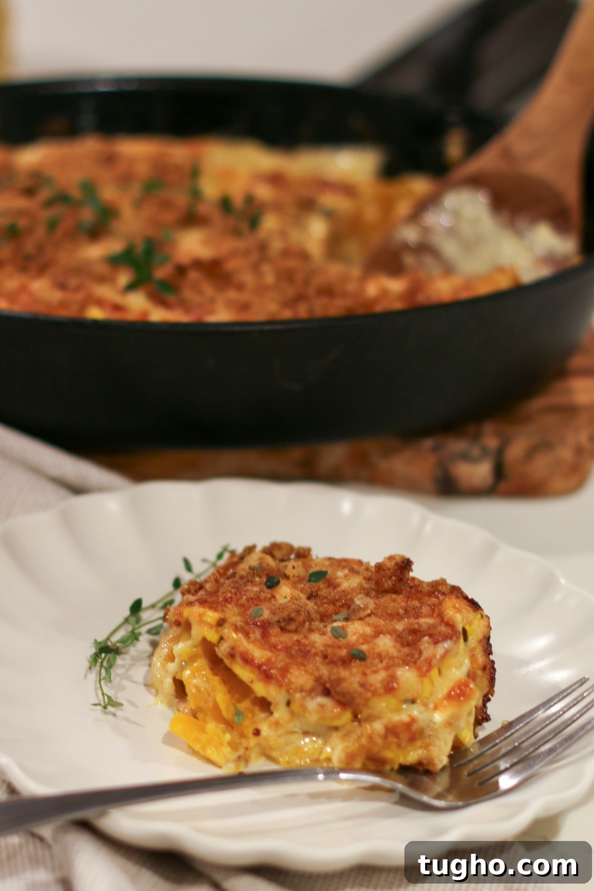 Serving of baked delicata squash gratin on a plate with a fork, with the full gratin in a baking dish blurred in the background.