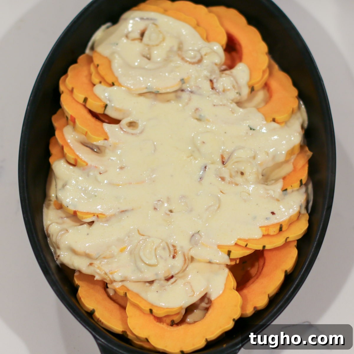 Onion-cream sauce poured over delicata squash, spread evenly with a spoon to coat all slices.