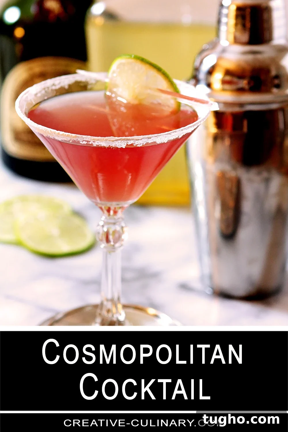 Classic Cosmopolitan Cocktail Recipe 6 Cosmopolitan Cocktail on Marble Surface with Cocktail Shaker in Background.