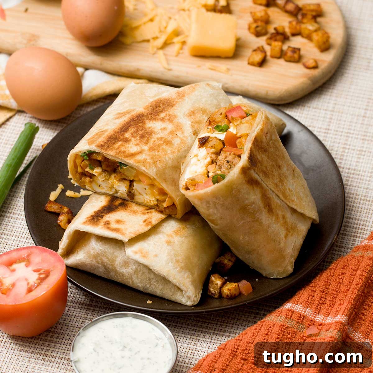 Gingerbread Overnight Oats with High-Protein Greek Yogurt 9 A stack of high protein breakfast burritos with crispy potatoes, ground turkey sausage, and cheese.