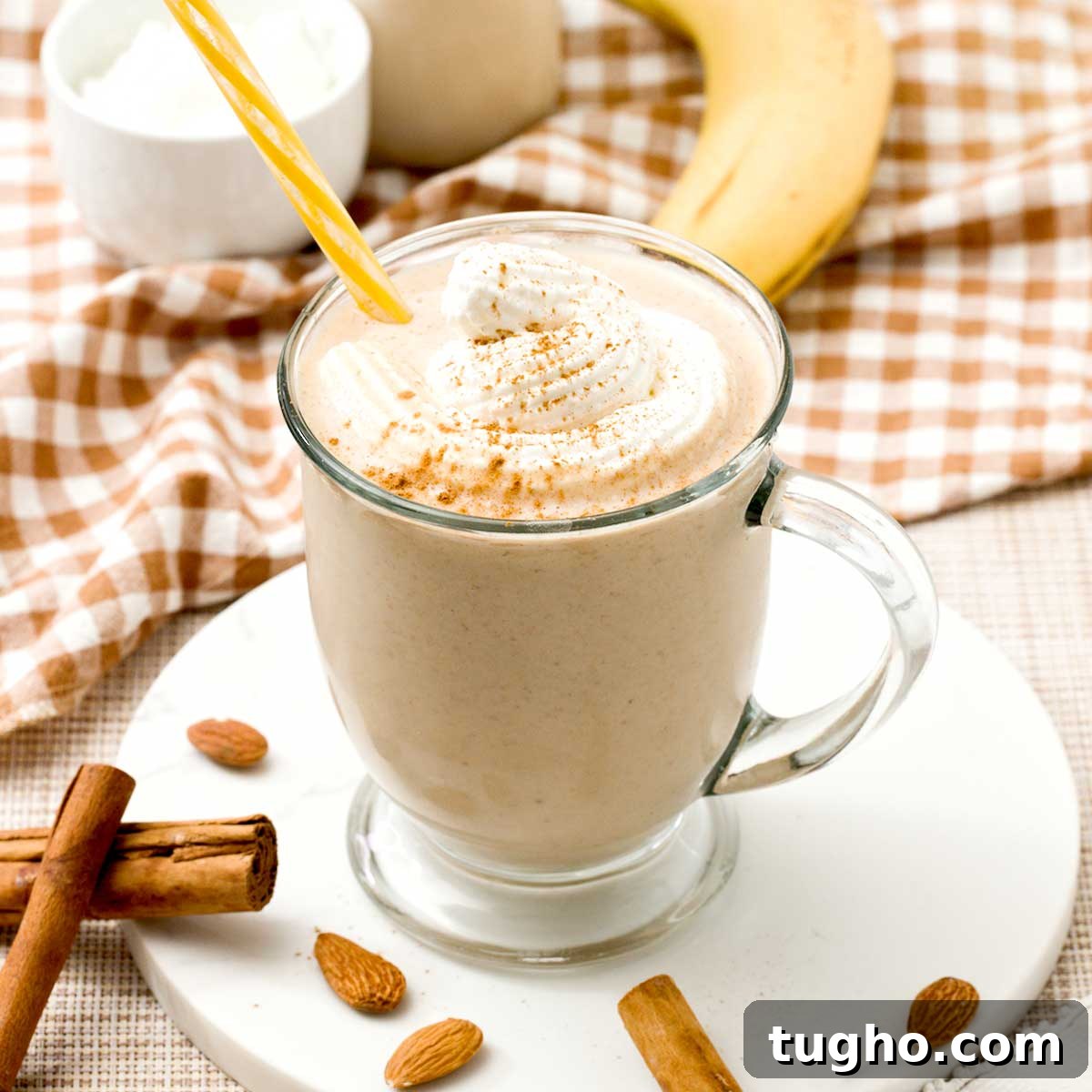 Gingerbread Overnight Oats with High-Protein Greek Yogurt 10 A cinnamon roll protein smoothie with greek yogurt and whipped cream on top.
