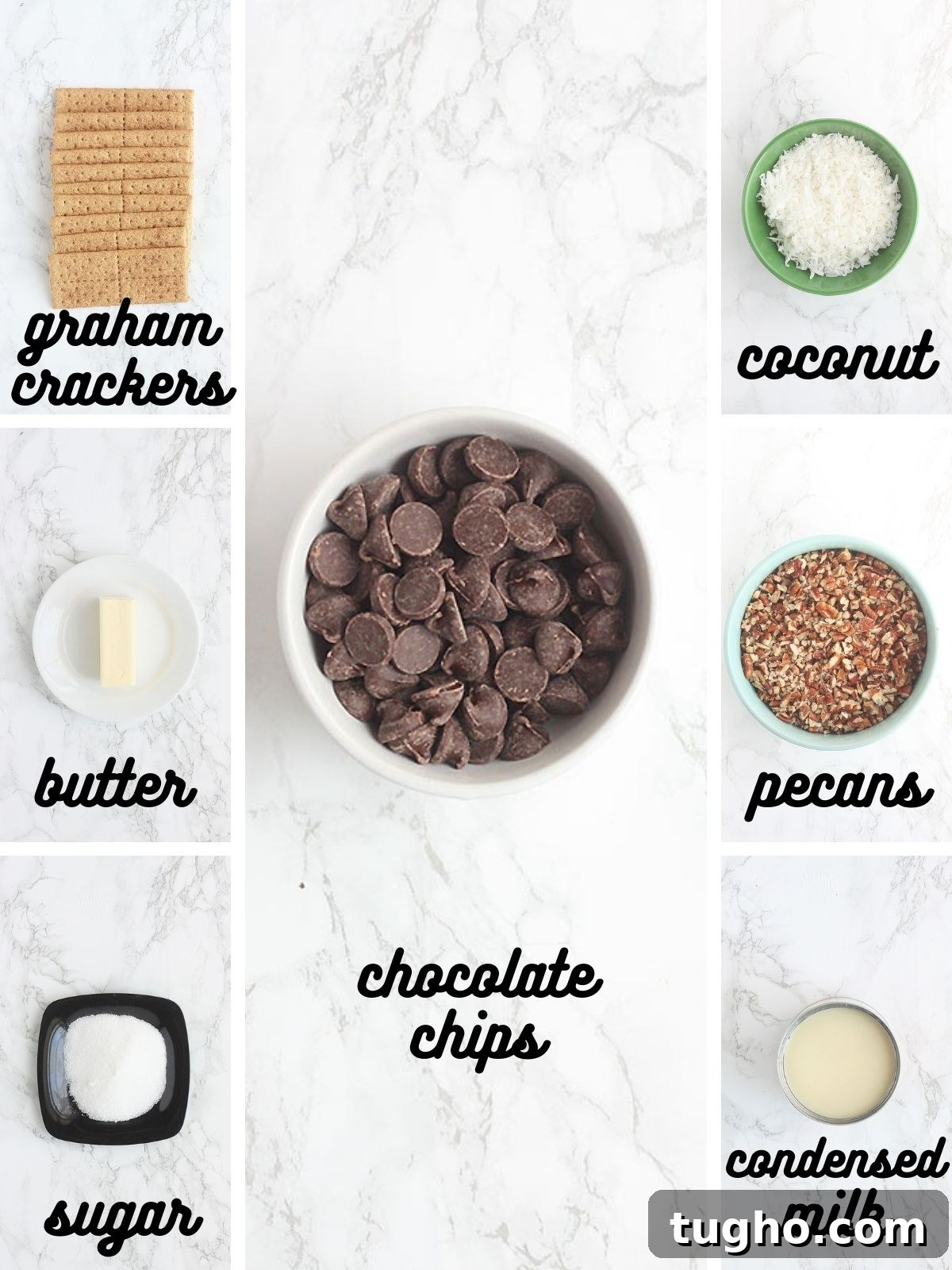 Hello Dolly Bar ingredients include graham crackers, butter, sugar, chocolate chips, coconut, pecans and condensed milk