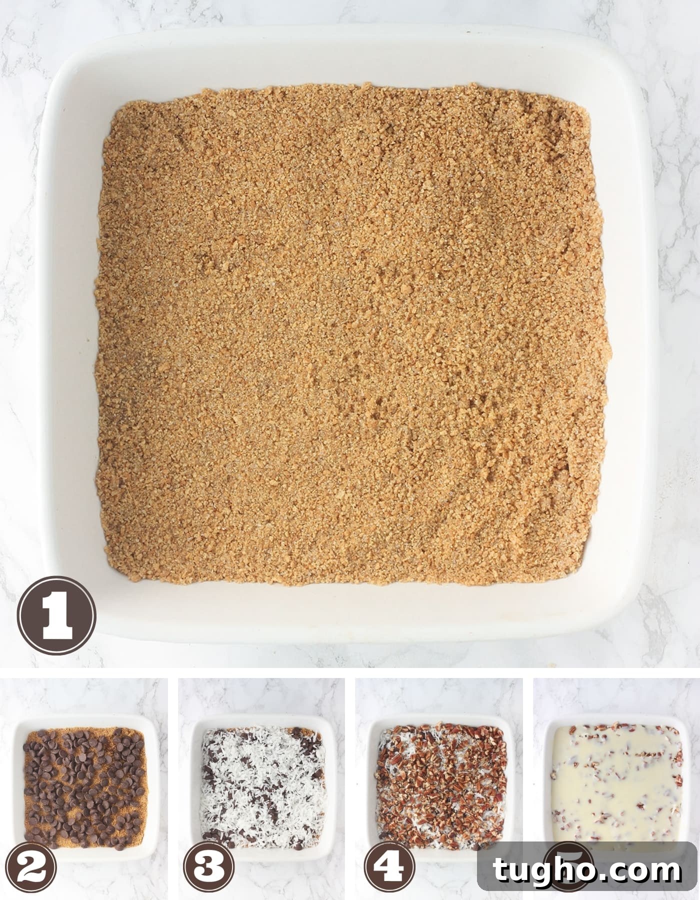 Five steps to assemble Hello Dolly Bars - graham cracker crust, chocolate chips, shredded coconut, chopped pecans and condensed milk