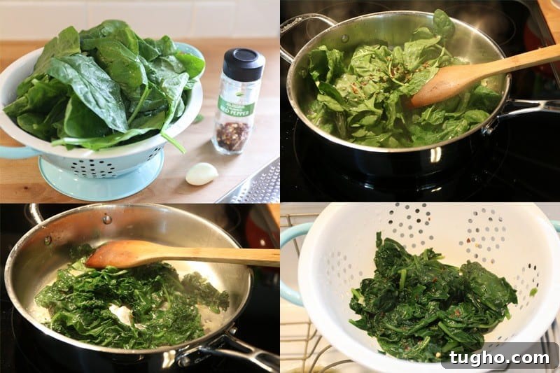 Spinach Garlic White Pizza 4 Spinach in a aqua colander, spinach sautéing in a pan