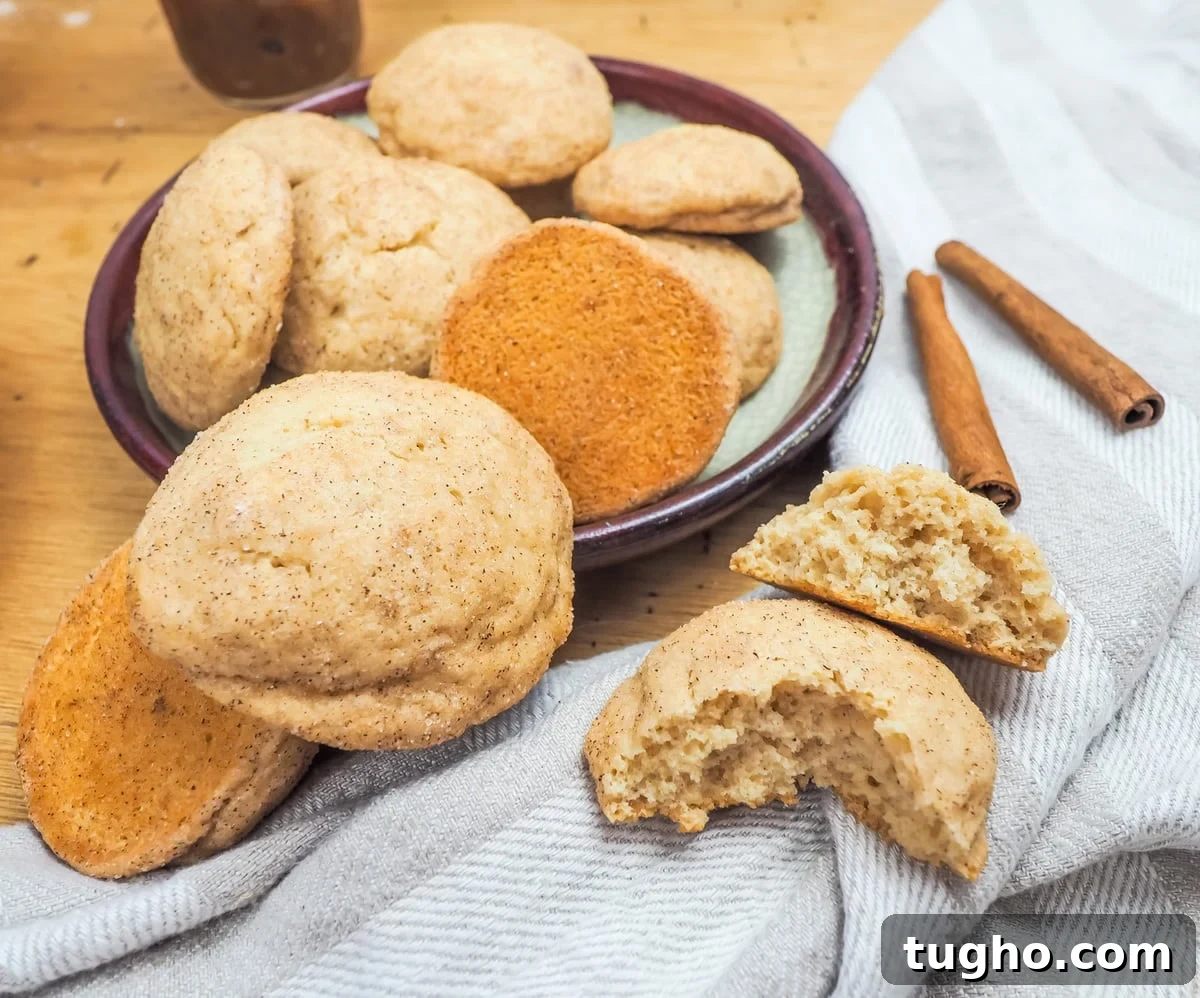 Apple Butter Snickerdoodle Cookies 2 A pile of snickerdoodles on a plate and one in front with a bite taken out of it.