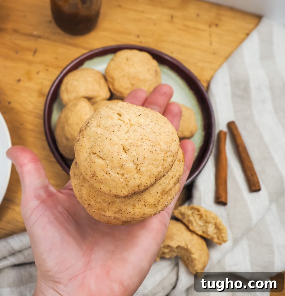 Apple Butter Snickerdoodle Cookies 11 A hand holding a pile of snickerdoodles over a plate of cookies and two cinnamon sticks.