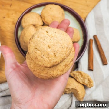 Apple Butter Snickerdoodle Cookies 14 A hand holding two snickerdoodles over a plate of cookies and two cinnamon sticks.