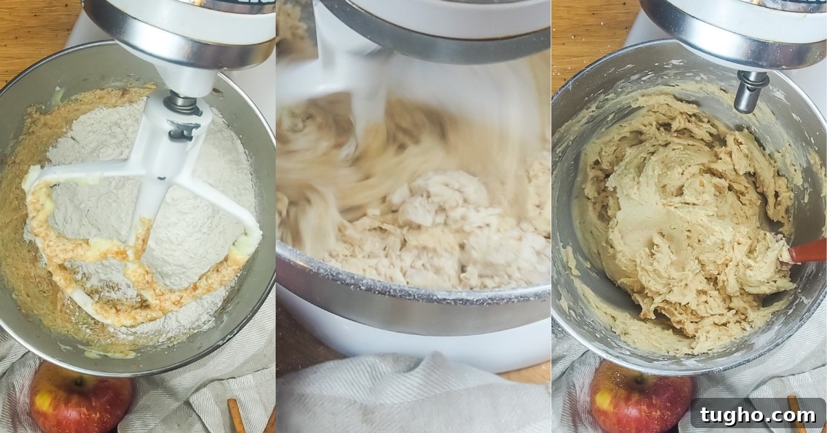 Apple Butter Snickerdoodle Cookies 7 A horizontal collage of images showing how to mix flour into snickerdoodle dough.