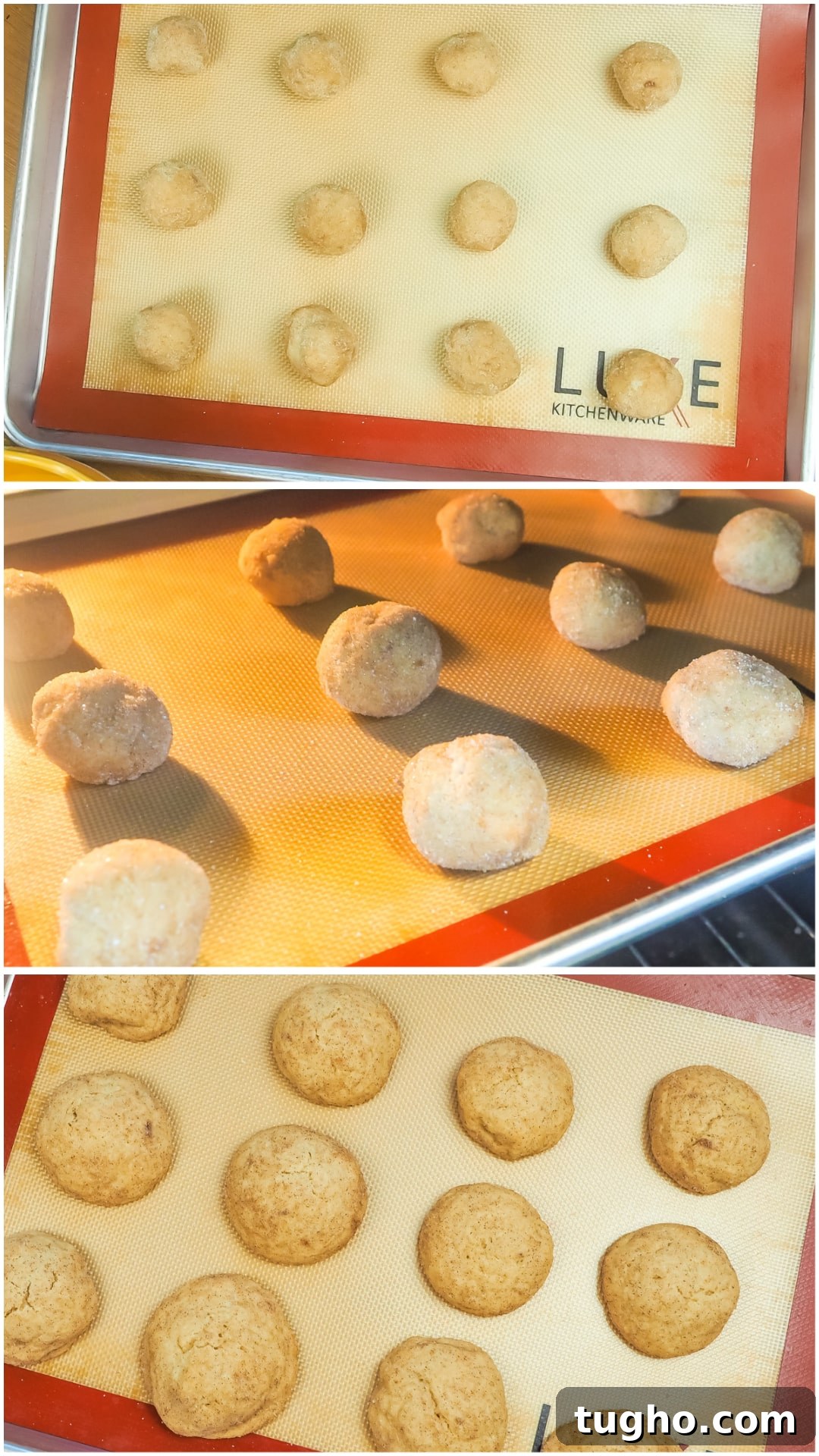 Apple Butter Snickerdoodle Cookies 10 A vertical series of images showing snickerdoodles before, during, and after baking.