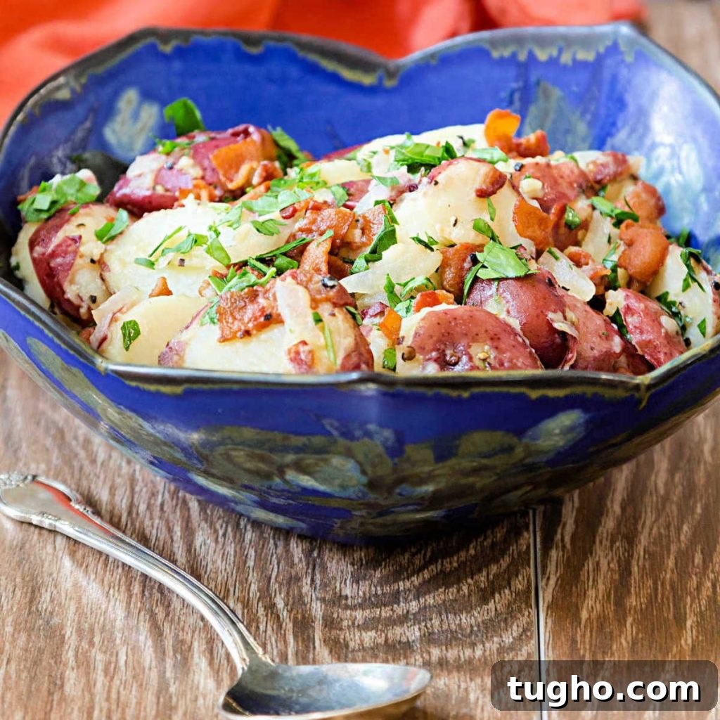 Authentic Warm German Potato Salad Recipe 3 Easy German potato salad made with red-skinned potatoes with bacon and parsley.