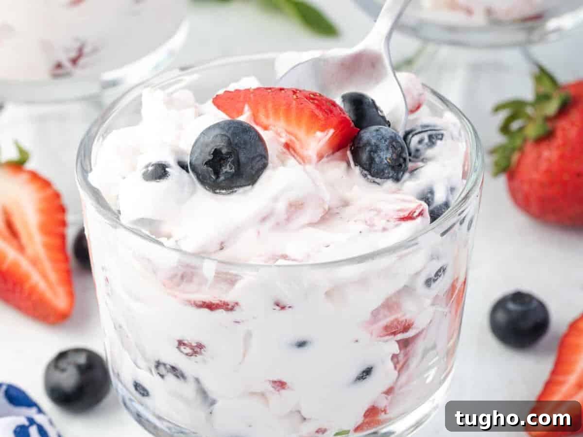 Patriotic Red, White and Blue Cheesecake Salad Recipe 13 a cup of berry cheesecake salad with a spoon.