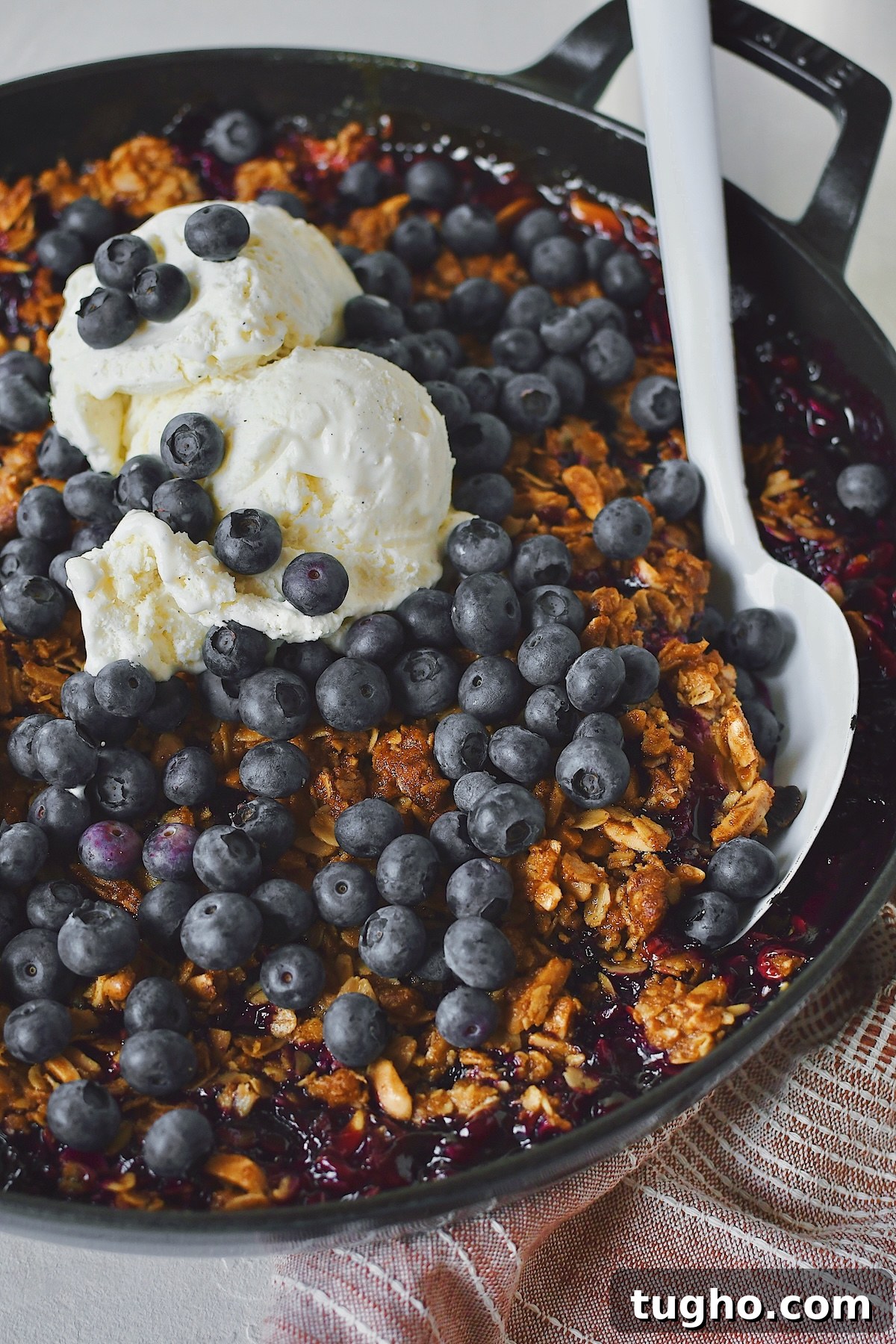Blueberry Rhubarb Crisp Recipe with Oat Streusel 2 Blueberry Rhubarb Crisp, topped with extra blueberries and vanilla ice cream, ready to be dished out.