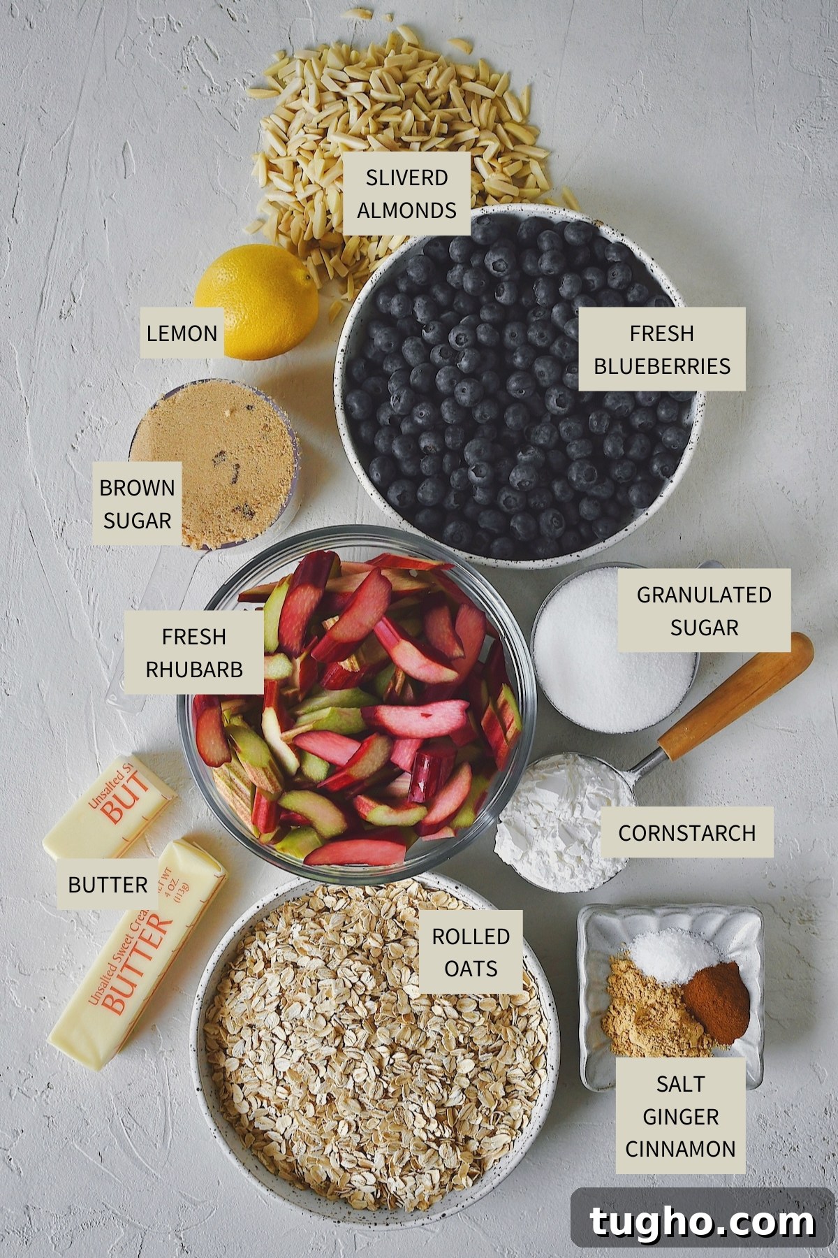 Blueberry Rhubarb Crisp Recipe with Oat Streusel 3 Ingredients needed to make Blueberry Rhubarb Crisp.