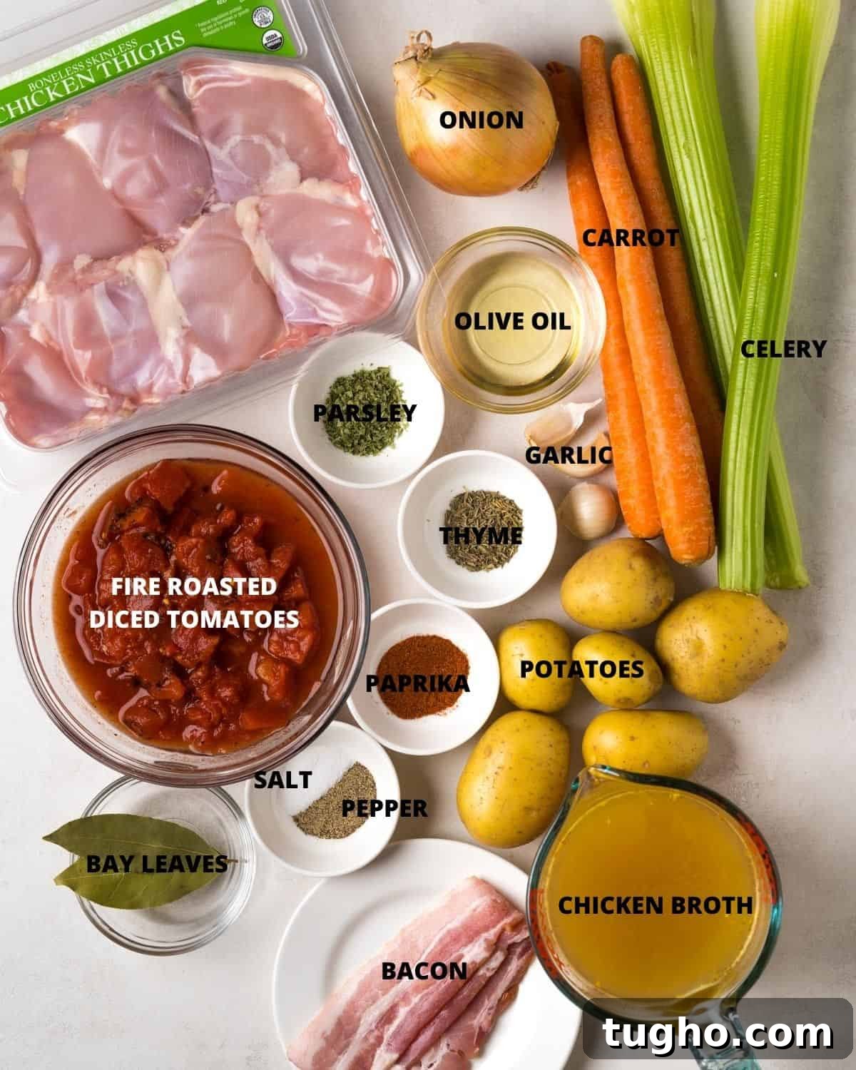 Instant Pot Chicken Stew with Tender Vegetables 3 Labeled ingredients needed for chicken stew in instant pot.
