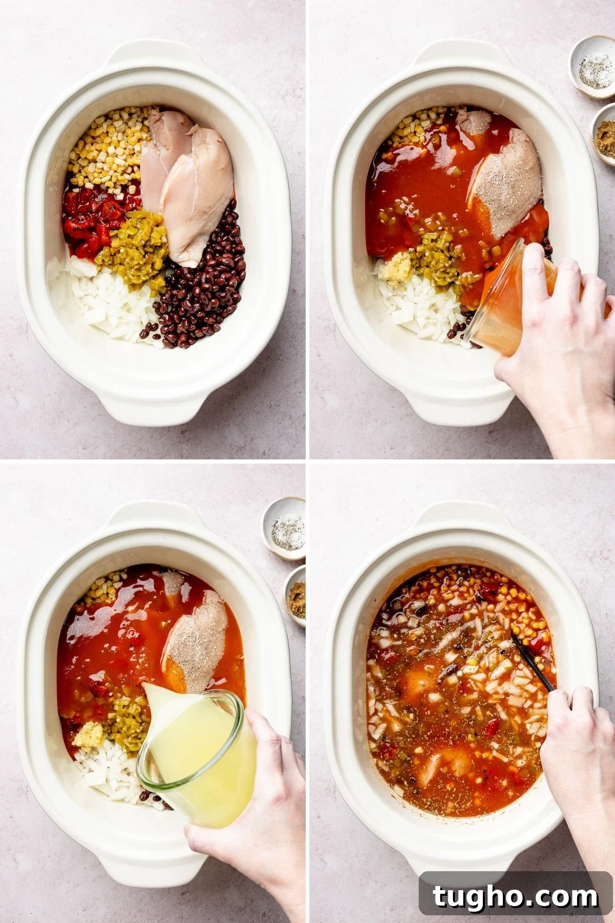 Slow Cooker Chicken Tortilla Soup Recipe 4 Crock pot base filled with recipe ingredients, stirred with spoon.
