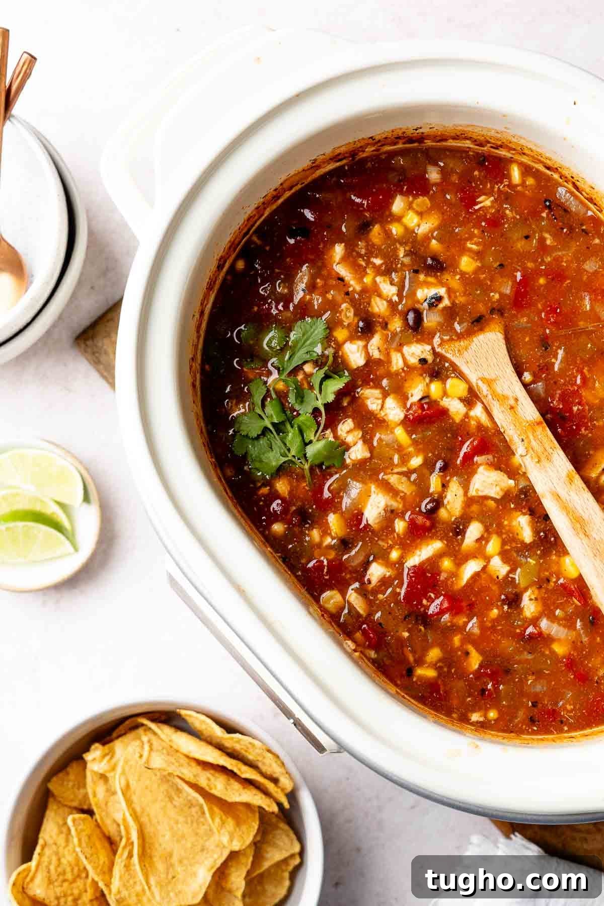 Slow Cooker Chicken Tortilla Soup Recipe 5 Chicken tortilla soup in slow cooker, wooden spoon resting in soup.
