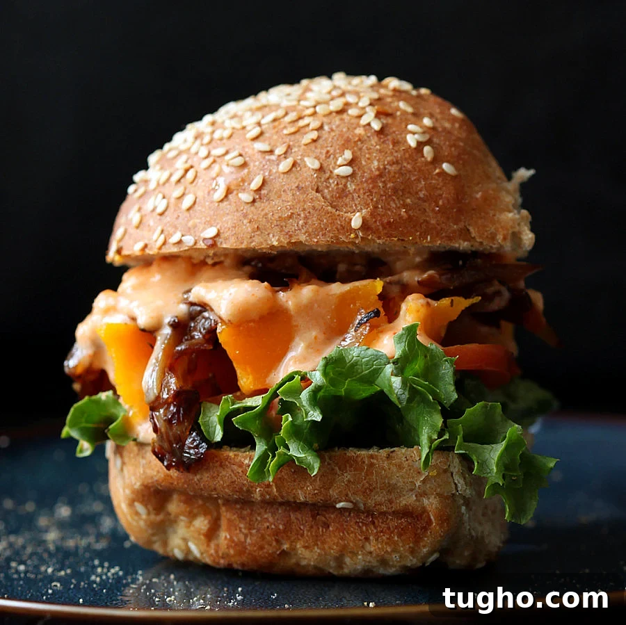 Roasted Butternut Squash, Caramelized Onion, Sriracha Mayo Sandwich