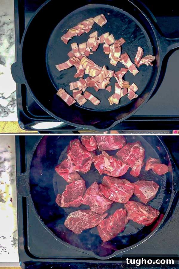Slow-Simmered Red Wine Beef Stew with Mushrooms and Carrots 5 meat and bacon steps for Red Wine Beef Stew with Mushrooms and Carrots