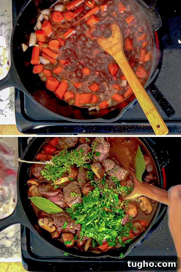 Slow-Simmered Red Wine Beef Stew with Mushrooms and Carrots 6 wine reducing and adding ingredients back to Red Wine Beef Stew with Mushrooms and Carrots
