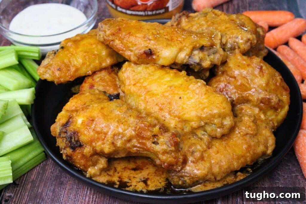 plate of air fryer hooters wings next to carrots, celery, and a small bowl of ranch