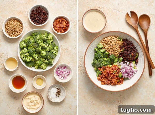 Dairy-Free Broccoli Salad Recipe with Cranberries and Almonds 3 Ingredients for broccoli salad in small bowls and then partially combined in a mixing bowl.