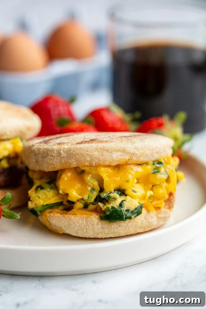 english muffin sandwich with spinach scrambled eggs topped with cheese in the middle. strawberries and coffee are in the background 