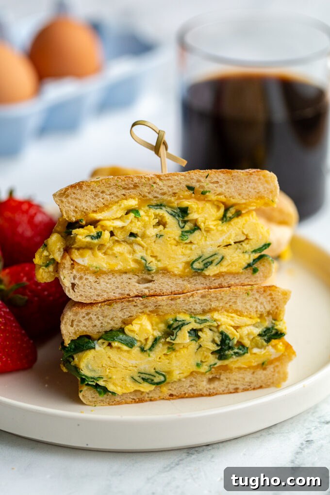 english muffin sandwich with spinach scrambled eggs topped with cheese in the middle. strawberries and coffee are in the background 