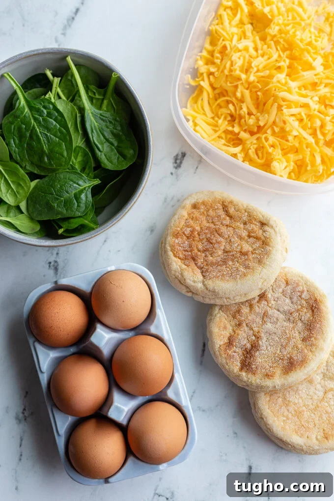 ingredients for an english muffin breakfast sandwich: raw spinach, shredded cheddar cheese, brown eggs, and english muffins