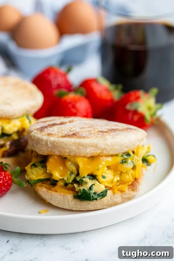 english muffin sandwich with spinach scrambled eggs topped with cheese in the middle. strawberries and coffee are in the background 
