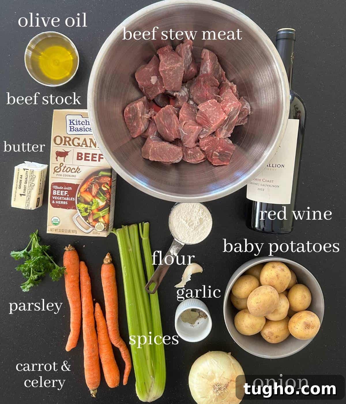 Dutch Oven Beef Stew with Tender Chuck and Vegetables 3 Ingredients for beef stew on counter.