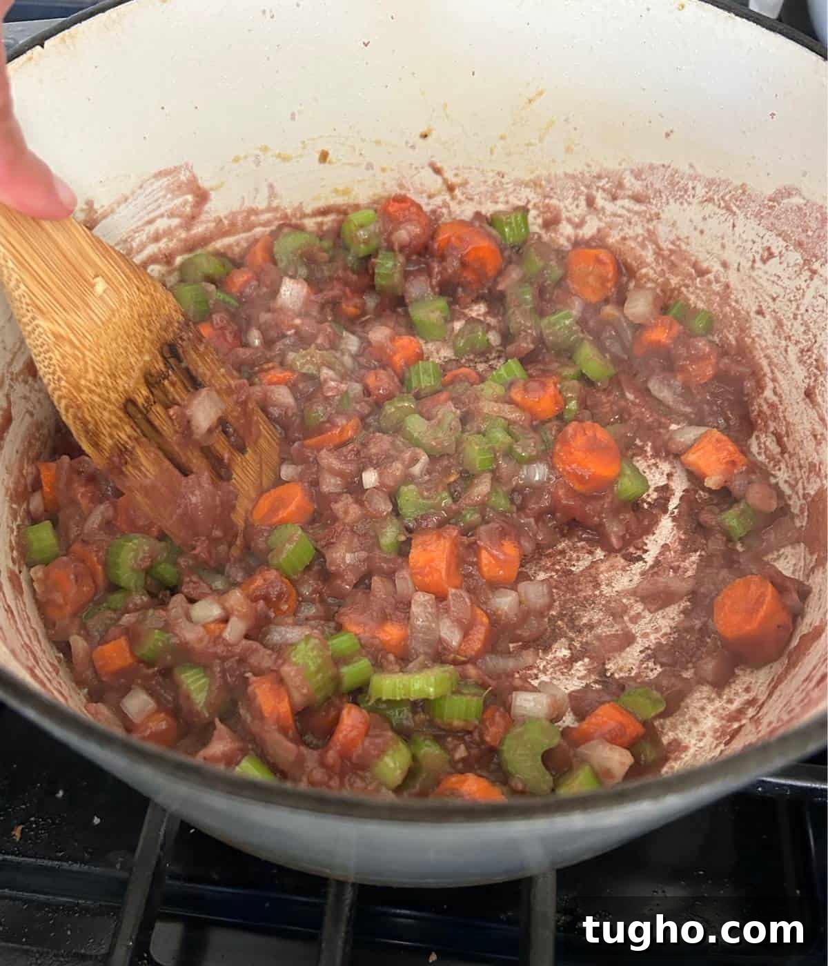 Dutch Oven Beef Stew with Tender Chuck and Vegetables 9 Vegetables with red wine in pot.
