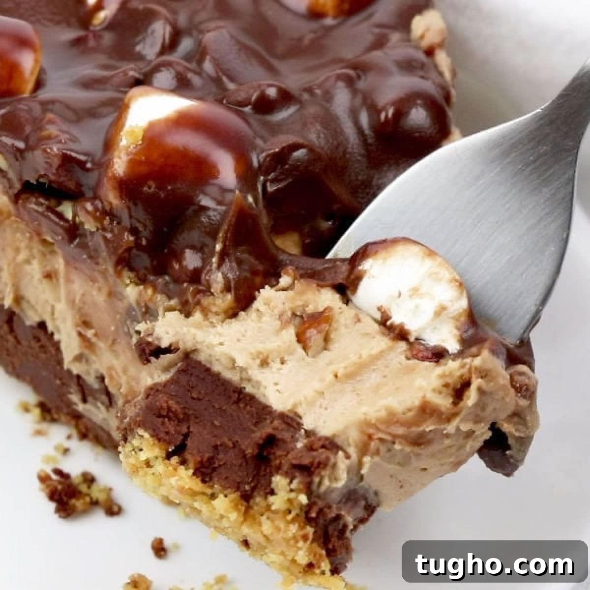 Authentic Texas Flood Pie Recipe 6 A super closeup of the pie showing layers of graham cracker crust, chocolate ganache, peanut butter mousse, and pecans and marshmallows covered in more chocolate.