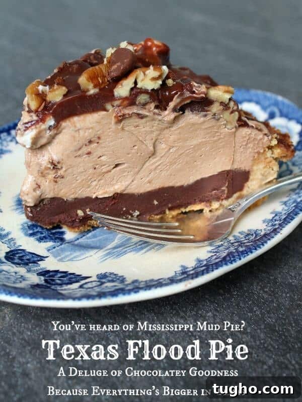 Authentic Texas Flood Pie Recipe 8 Slice of chocolate mississippi mud pie with title text overlay