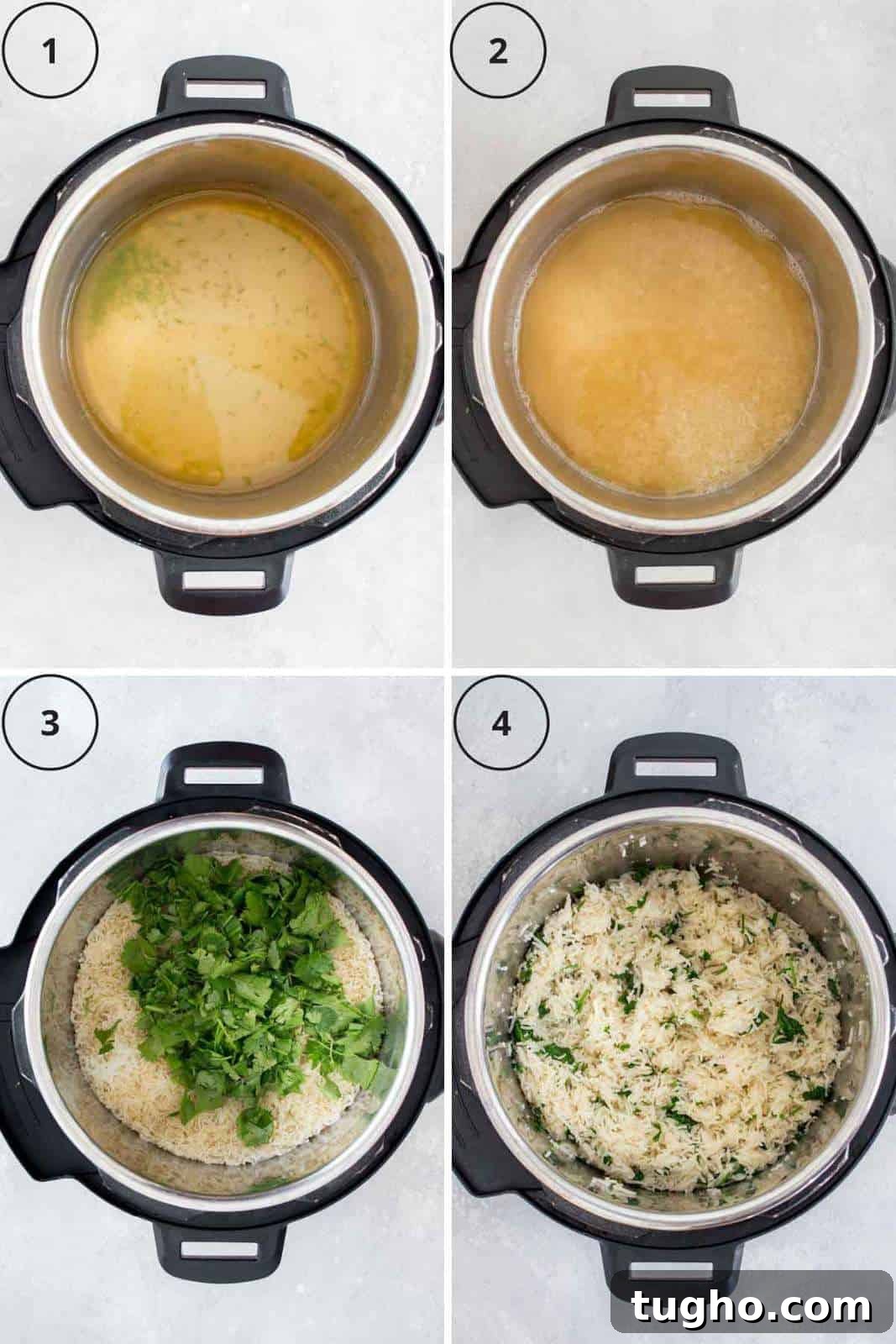 Set of four photos showing how to make cilantro lime rice.