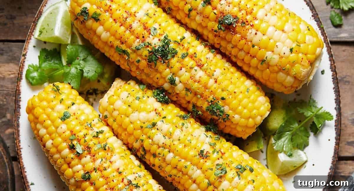 Overhead image of chili lime corn on the cob with garnish on white dish. 