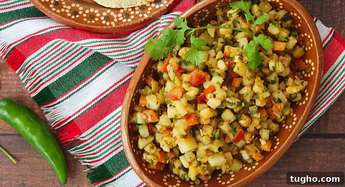 Overhead image of papas a la Mexicana with garnish. 