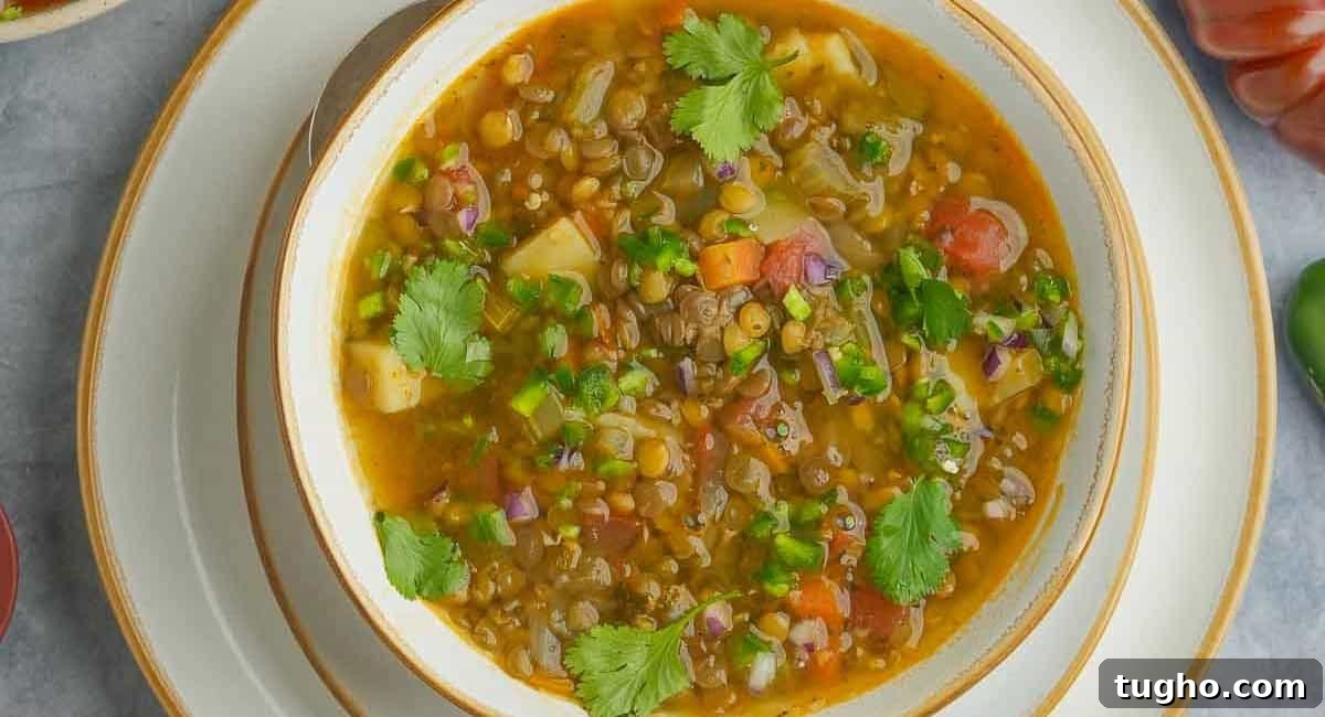 Overhead image of sopa de lentejas (Mexican lentil soup). 