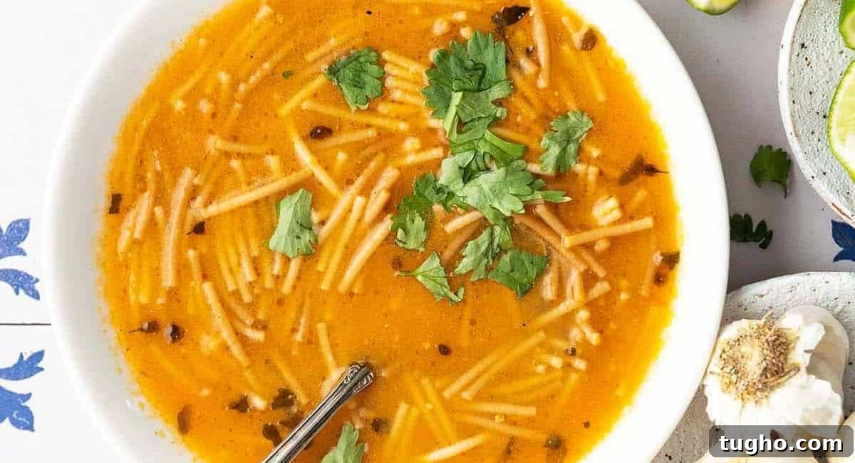 Overhead image of sopa de fideo (Mexican noodle soup). 