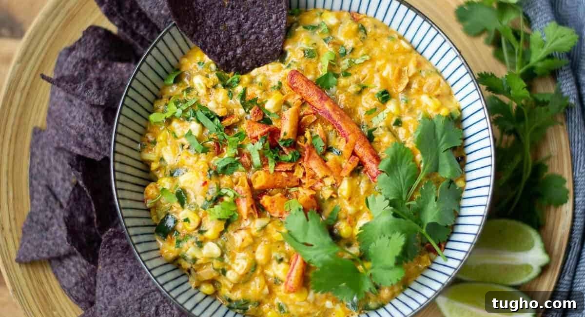 Overhead image of smoky grilled corn dip with poblano peppers.