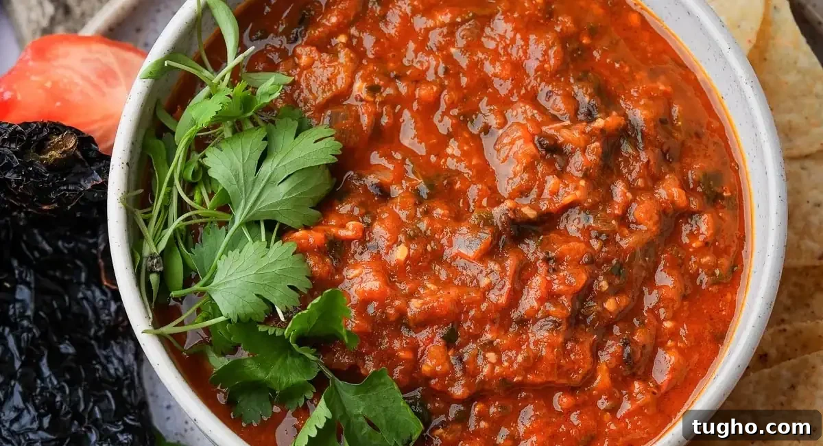Overhead and up close image of salsa roja recipe with garnish. 