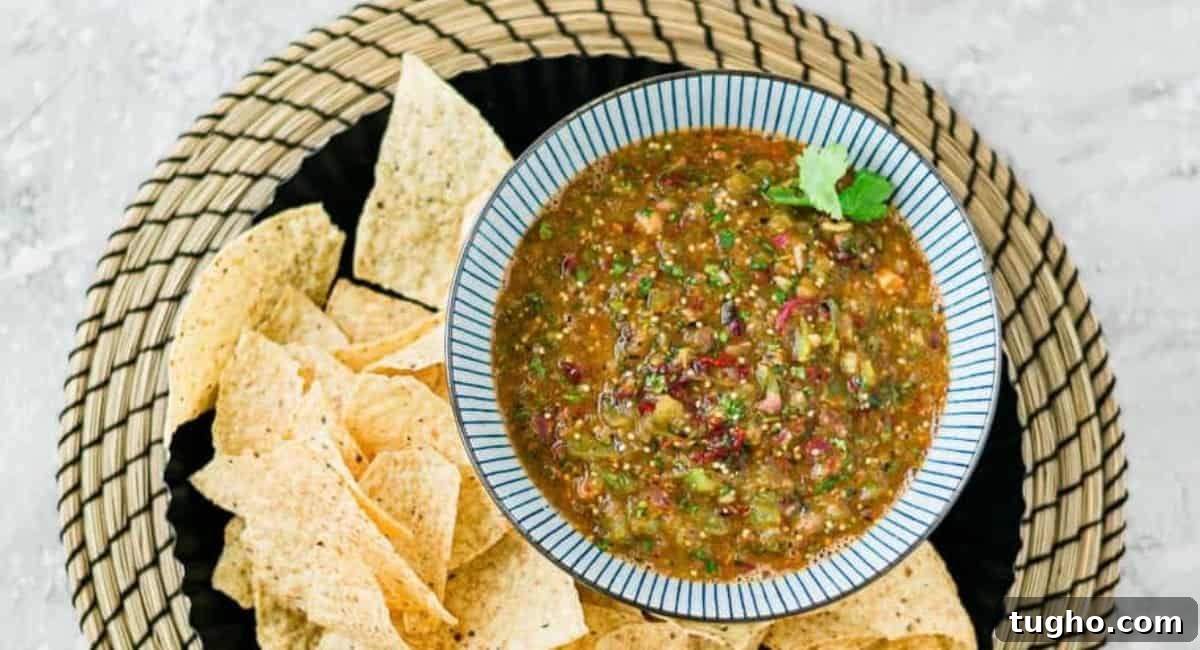 Overhead image of tomatillo-chipotle salsa with garnish and nacho chips. 