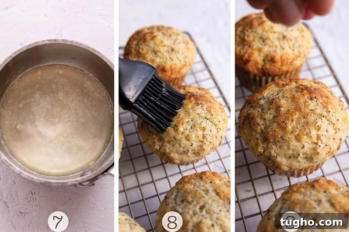 Zesty Sourdough Lemon and Poppy Seed Muffins 6 A sauce pan with a sugar glaze and a basting brush spreading it on muffins.