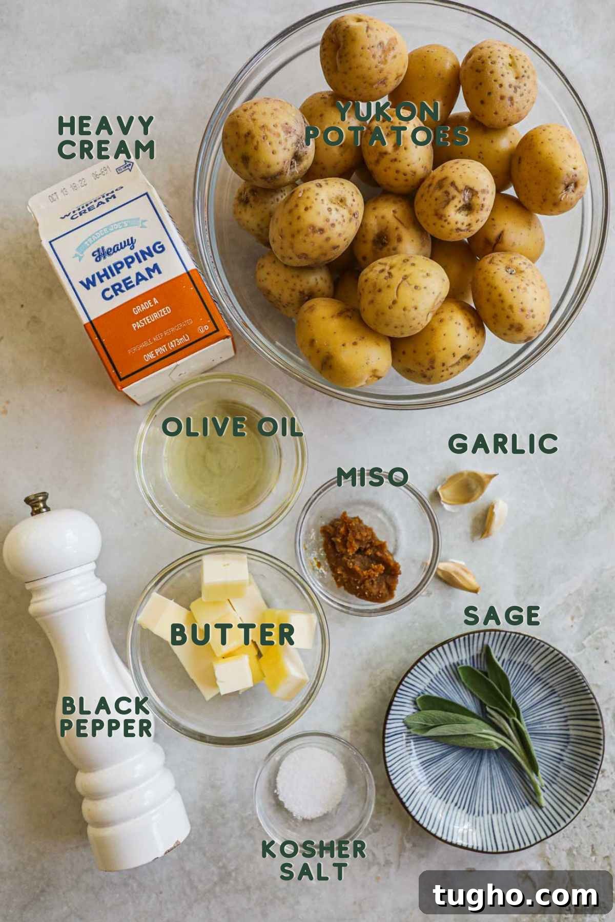 Umami Miso Mashed Potatoes Recipe 3 Ingredients to make miso mashed potatoes, yukon potatoes, heavy cream, olive oil, garlic, miso, sage, butter, black pepper, kosher salt.