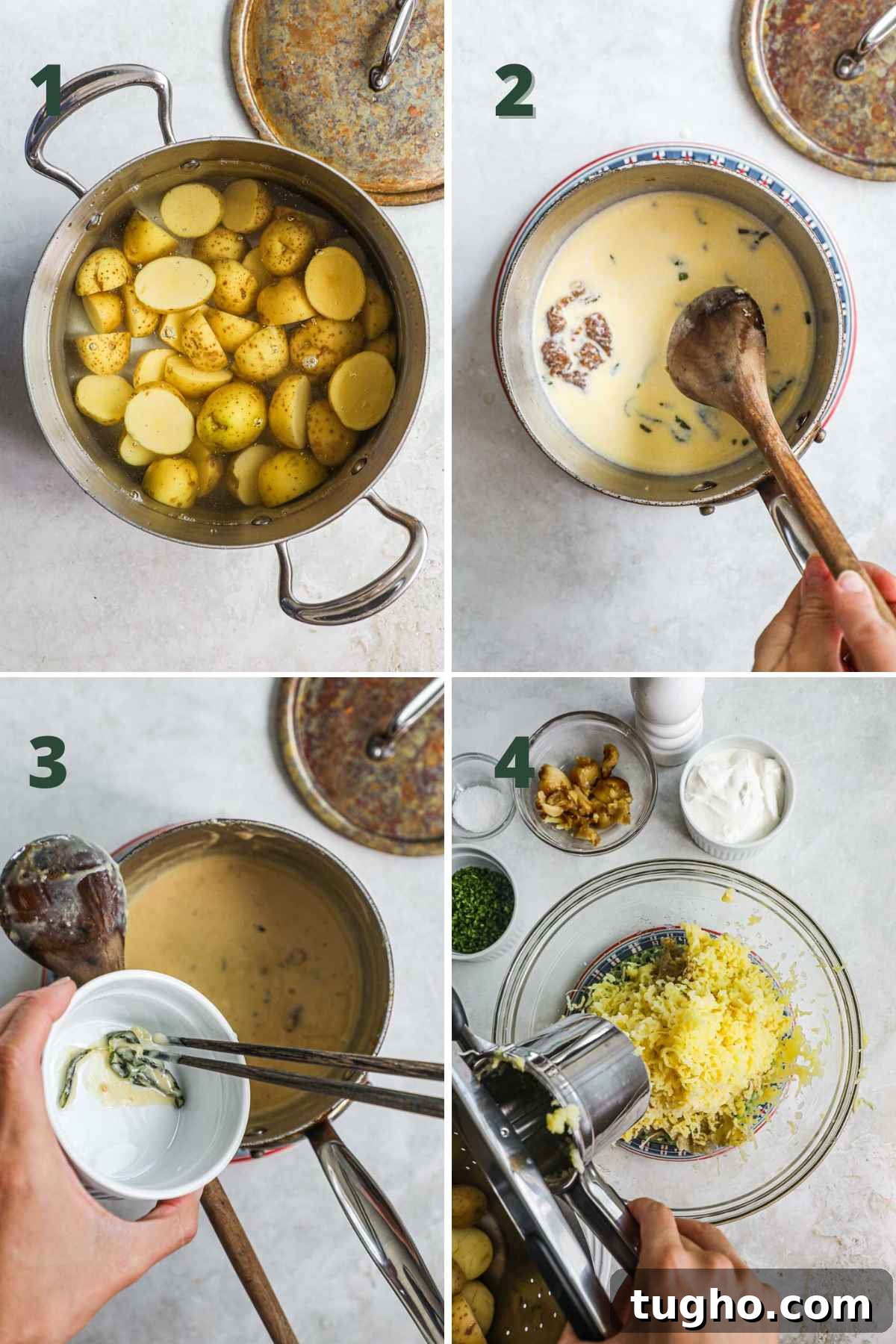 Umami Miso Mashed Potatoes Recipe 4 Steps to make miso mashed potatoes, boil potatoes; cook heavy cream, miso paste, garlic sage leaves in saucepan; remove sage leaves; rice or mash potatoes.