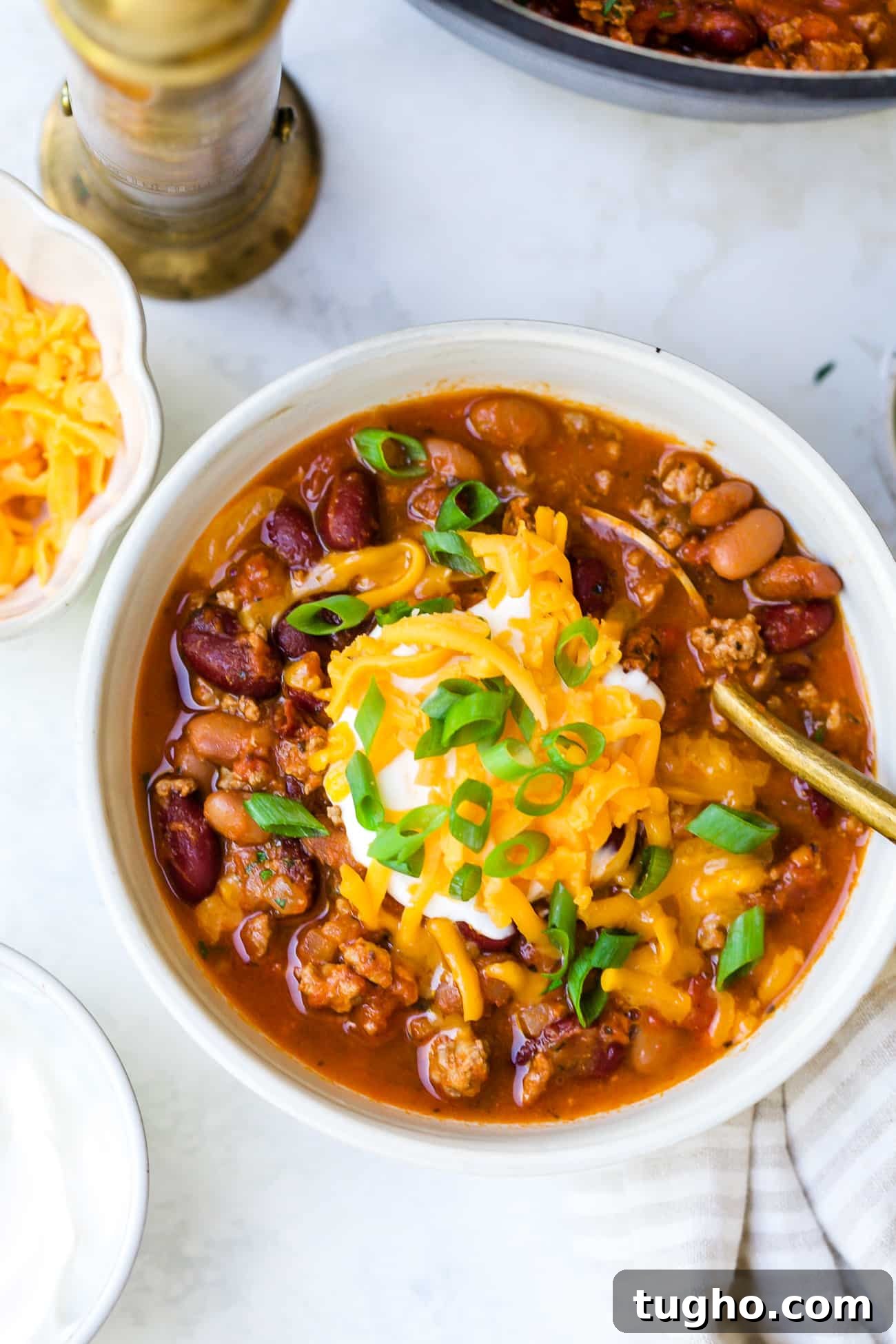 18 Pantry Recipes for Quick, Flavorful Meals 3 overhead view of a white bowl with classic chili recipe