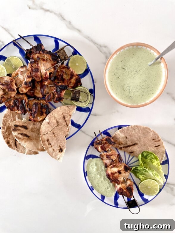 Grilled Chicken Kabobs with Green Goddess Tzatziki 8 plated kabobs with green tzatziki