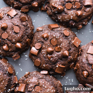 Close-up of several double chocolate chip cookies topped with chocolate chunks, chips, and a sprinkle of coarse sea salt on a dark surface, beside rich chocolate muffins for the ultimate chocolate lover’s treat.